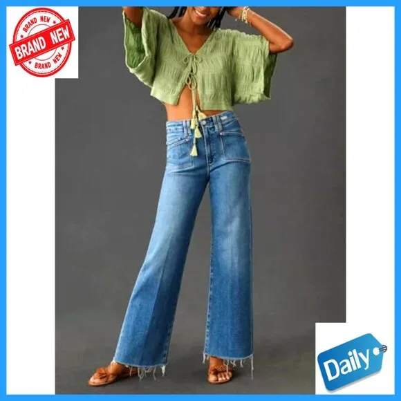 High Waist Wide Leg Stretch Jeans Straight Fit Five Pocket Denim Pants - Picture 3 of 6